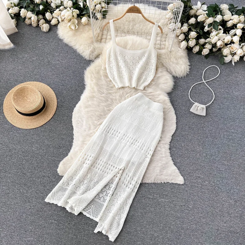 Knitting Two Piece Sets Hollow Out Womens Outifits White Women Set Summer Sleeveless Tops+Elastic Waist Slit Skirts Dropshipping
Knitting Two Piece Sets Hollow Out Womens Outifits White Women Set Summer Sleeveless Tops+Elastic Waist Slit Skirts Dropshipping