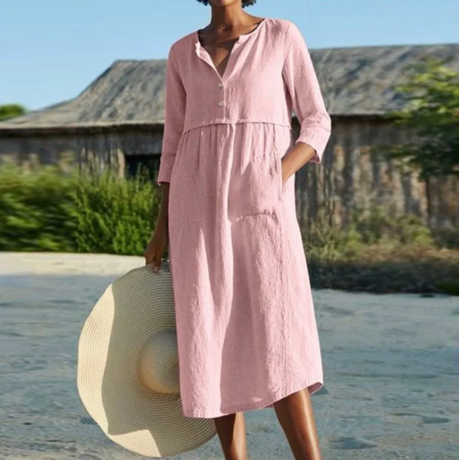 Summer Half Sleeve Cotton and Linen Dress Women V-neck Loose Casual Party Dresses Female Pocket Dress Solid Color Vestidos 2022
Summer Half Sleeve Cotton and Linen Dress Women V-neck Loose Casual Party Dresses Female Pocket Dress Solid Color Vestidos 2022