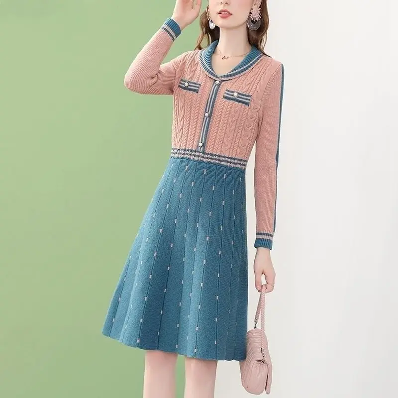 2022 Autumn Winter Women Fashion Long A-line Dresses Female Long Sleeve Knitted Dress Ladies Patchwork Sweater Vestidos Q342
2022 Autumn Winter Women Fashion Long A-line Dresses Female Long Sleeve Knitted Dress Ladies Patchwork Sweater Vestidos Q342