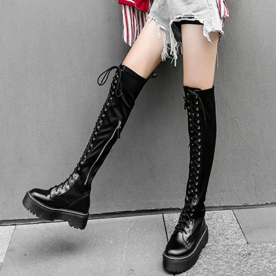 High Platform Pumps Shoe Women Lace Up Stretch Fabric Over the Knee Motorcycle Boots Female Round Toe Punk Creepers Casual Shoes
High Platform Pumps Shoe Women Lace Up Stretch Fabric Over the Knee Motorcycle Boots Female Round Toe Punk Creepers Casual Shoes