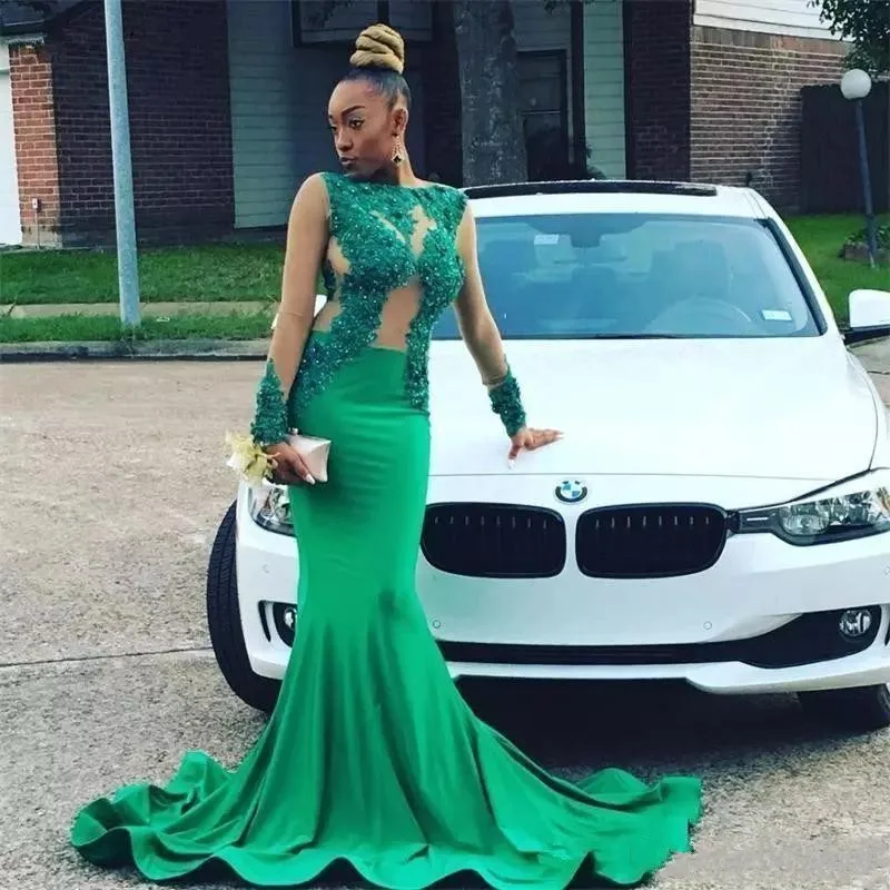 Green Lace Appliques Mermaid Prom Dresses Beading Formal Long Illusion Sleeve Special Occasion Party Gowns Robe De Soiree
Green Lace Appliques Mermaid Prom Dresses Beading Formal Long Illusion Sleeve Special Occasion Party Gowns Robe De Soiree