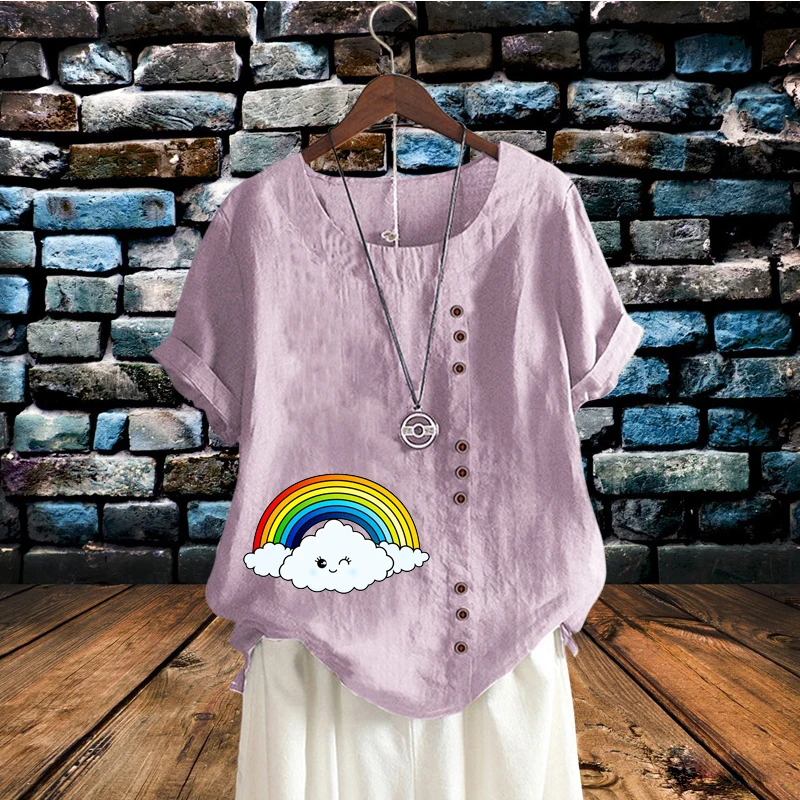 Cartoon Rainbow Cloud Pattern T Shirt for Lady Women's Clothing Loose Cotton Linen Short Sleeve O Neck Summer Pullover Top
Cartoon Rainbow Cloud Pattern T Shirt for Lady Women's Clothing Loose Cotton Linen Short Sleeve O Neck Summer Pullover Top