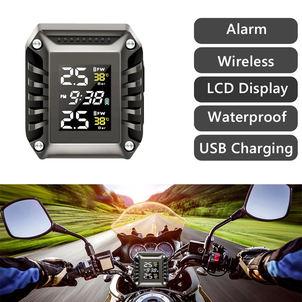 Motorcycle TPMS Wireless Motor Tire Pressure Tyre Temperature Monitoring Alarm System LCD Display With 2 External Sensors
Motorcycle TPMS Wireless Motor Tire Pressure Tyre Temperature Monitoring Alarm System LCD Display With 2 External Sensors