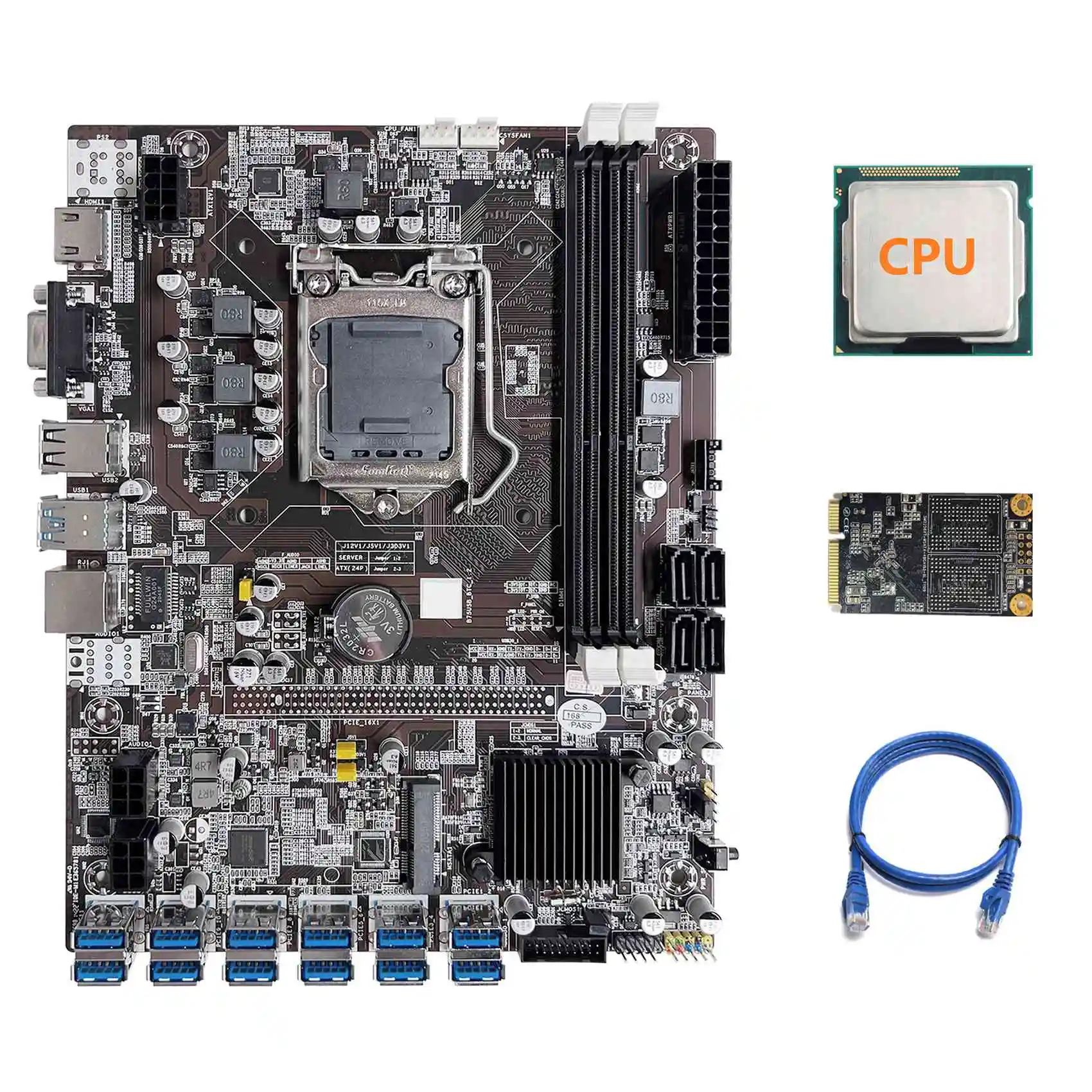 B75 ETH Mining Motherboard 12 PCIE to USB LGA1155 Motherboard with Random CPU+MSATA SSD 64G+RJ45 Network Cable
B75 ETH Mining Motherboard 12 PCIE to USB LGA1155 Motherboard with Random CPU+MSATA SSD 64G+RJ45 Network Cable