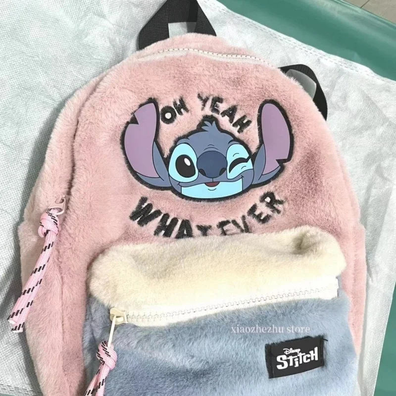 

2023 Disney Kawaii Anime Children's Leather Pink Big Ears Alien Plastic Color Block Backpack Winter Plush Portable Casu