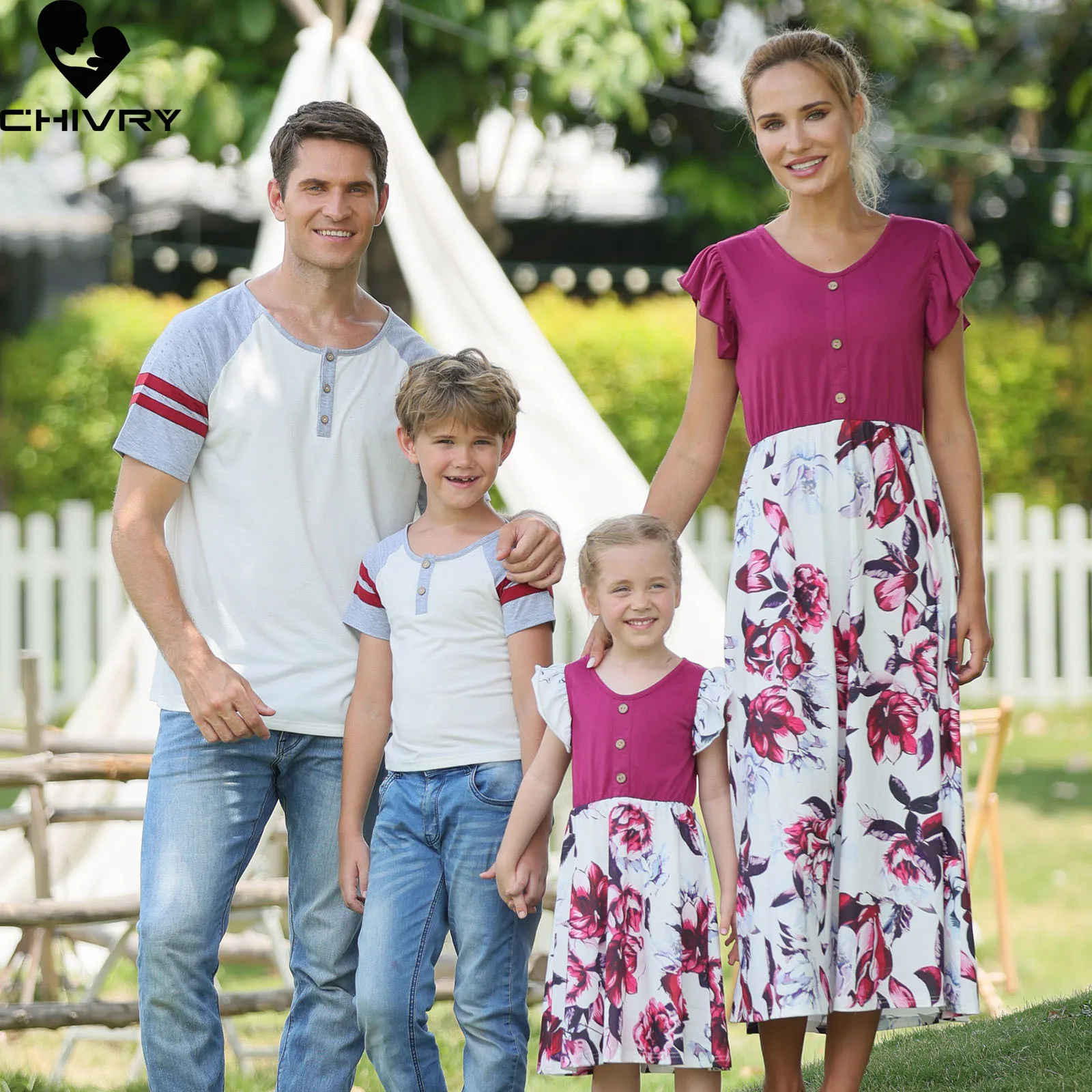 

2022 Family Holiday Wear Mother Father Kids Matching Clothing Sets Mommy and Me Ruffled Sleeve Flower Dress Dad Son Shirt Tops