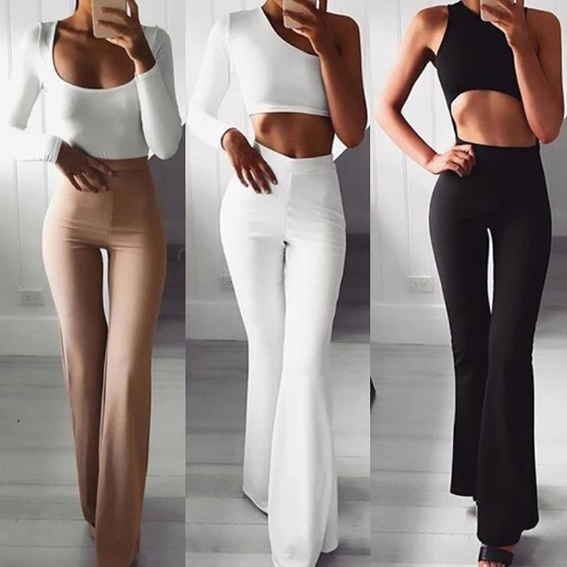 

Summer Autumn Solid Elegant Female Lady Women's Palazzo Flared Wide Killer Legs Pants High Waist OL Ladies Career Long Trousers