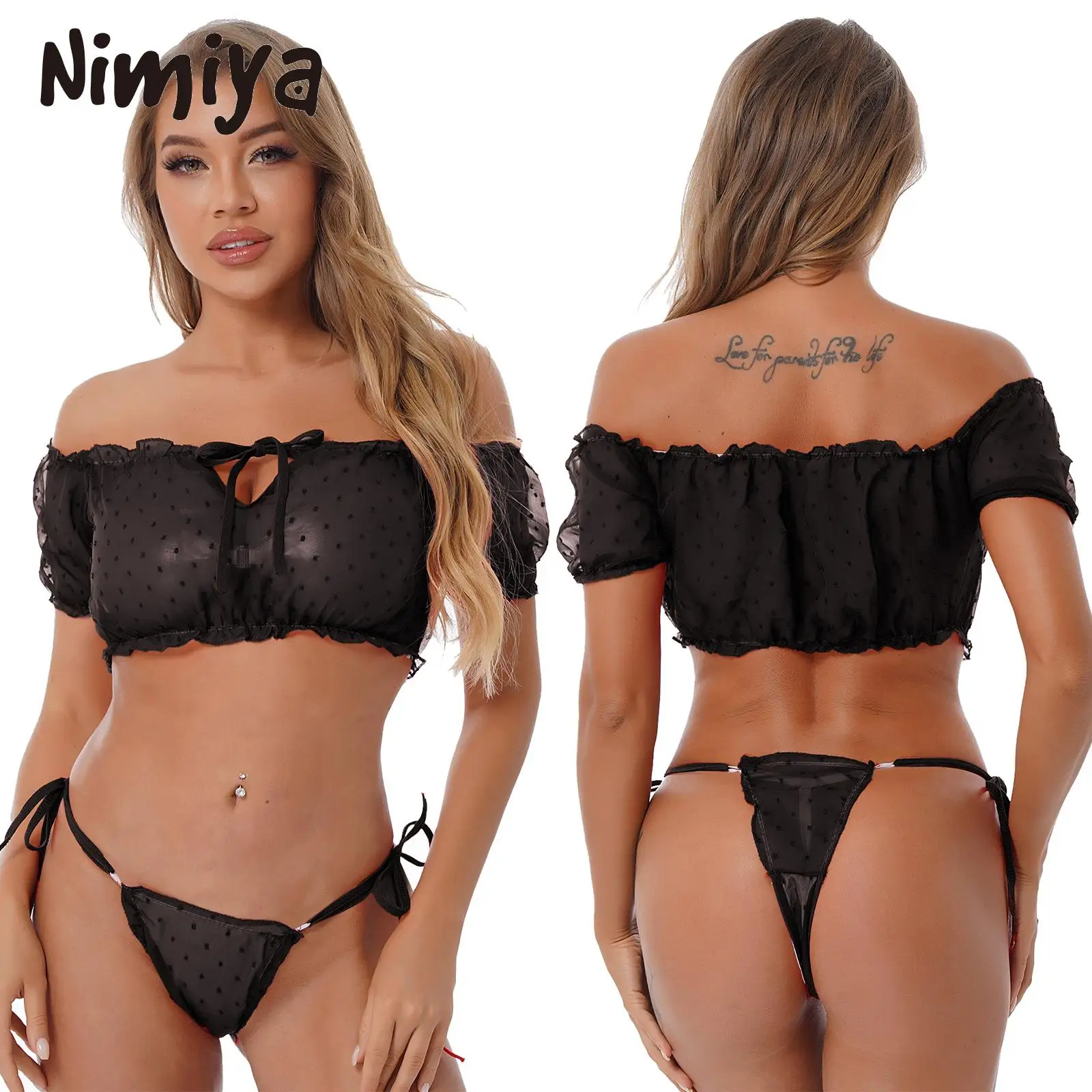 Nimiya Womens Two-piece Solid Light See-through Lingerie Underwear Nightwear Off Shoulder Ruffled Crop Top Lace-up Frilly Thongs
Nimiya Womens Two-piece Solid Light See-through Lingerie Underwear Nightwear Off Shoulder Ruffled Crop Top Lace-up Frilly Thongs