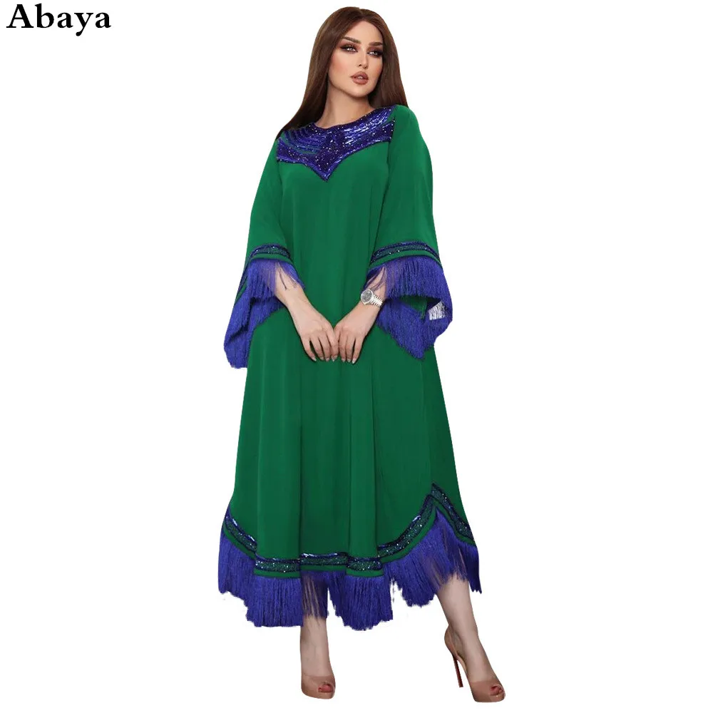 

Muslim Arab Robes Abaya New Arrivals Middle East Woman Dress Fashion Tassels Sequins Patchwork Long Sleeves Kaftan Party Gowns