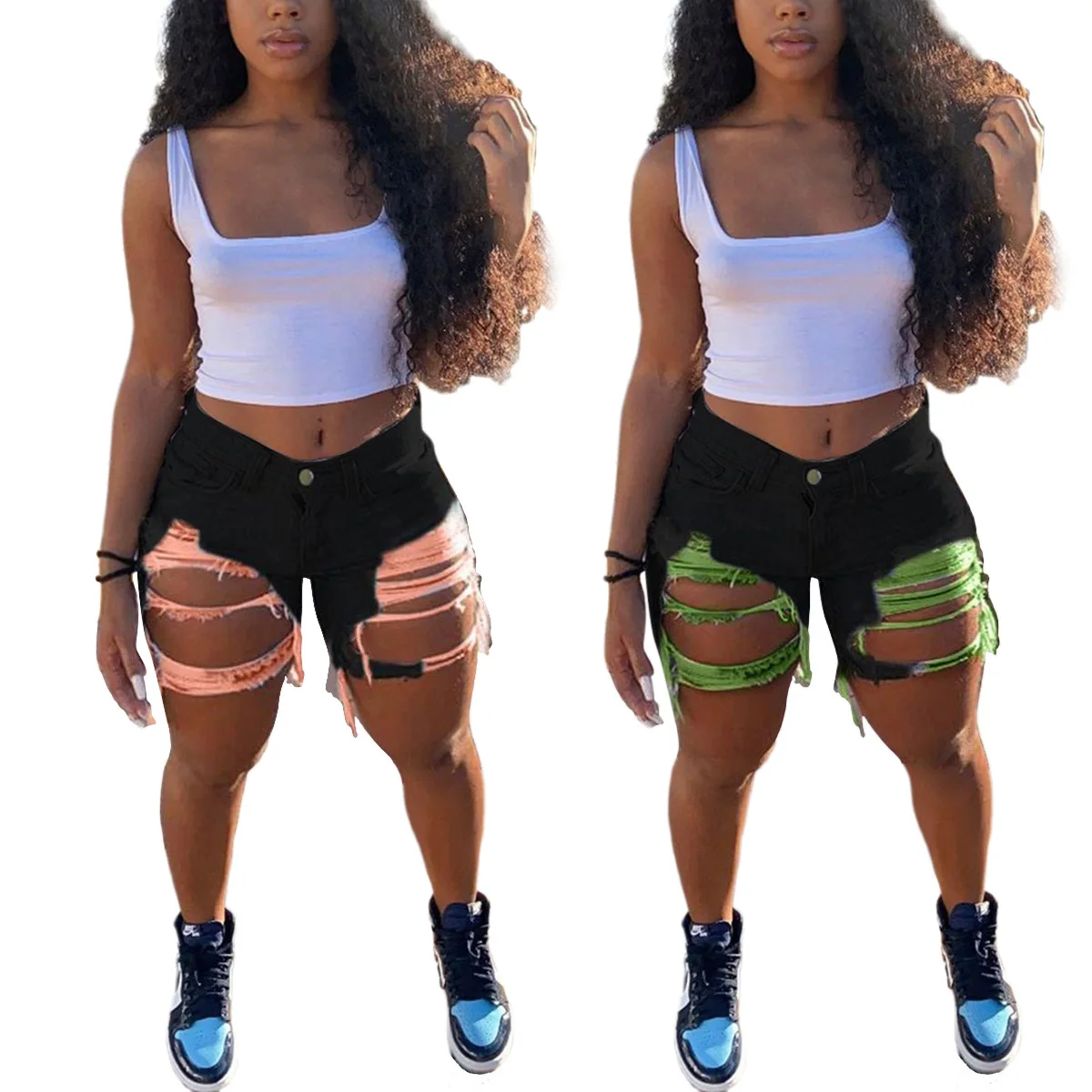Ladies High Waist Street Fashion Popular Contrast Color Hole Frayed Summer Summer Denim Shorts Hot Pants
Ladies High Waist Street Fashion Popular Contrast Color Hole Frayed Summer Summer Denim Shorts Hot Pants