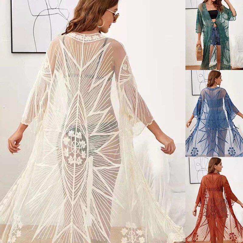 Women Summer Sexy See-Through Kimono Cardigan Solid Color Floral Lace 3/4 Sleeves Open Front Bikini Cover Up Lace-Up Beach Sheer
Women Summer Sexy See-Through Kimono Cardigan Solid Color Floral Lace 3/4 Sleeves Open Front Bikini Cover Up Lace-Up Beach Sheer