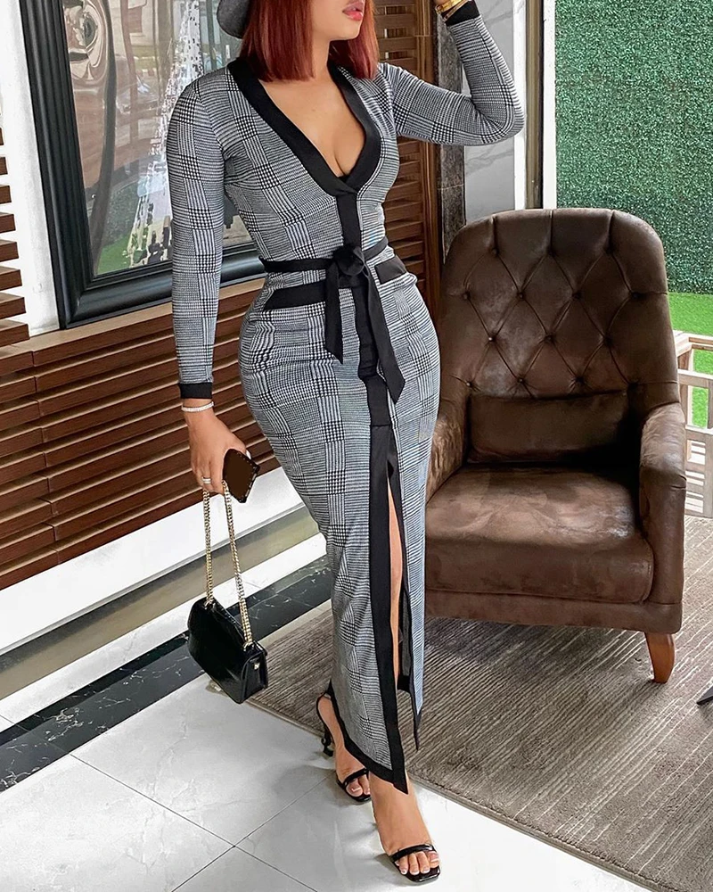 2020 Women Spring Autumn Elegant Colorblock Fit Bodycon OL Dress V Neck High Slit Plaid Long Sleeve Plunge Maxi Dress With Belt 
2020 Women Spring Autumn Elegant Colorblock Fit Bodycon OL Dress V Neck High Slit Plaid Long Sleeve Plunge Maxi Dress With Belt