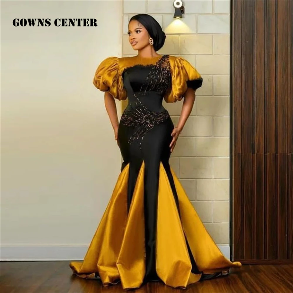 Gold And Black Satin Evening Dresses African Mermaid Prom Dress Puff Short Sleeve Aso Ebi Style Formal Dress Luxury Beaded
Gold And Black Satin Evening Dresses African Mermaid Prom Dress Puff Short Sleeve Aso Ebi Style Formal Dress Luxury Beaded