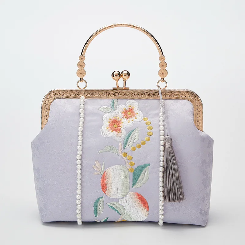 

2023 Han традиционная тканевая вечерняя сумка, элегантная женская сумка-клатч с цветочной вышивкой, сумка-тоут с жемчужной цепочкой, женские сумки через плечо