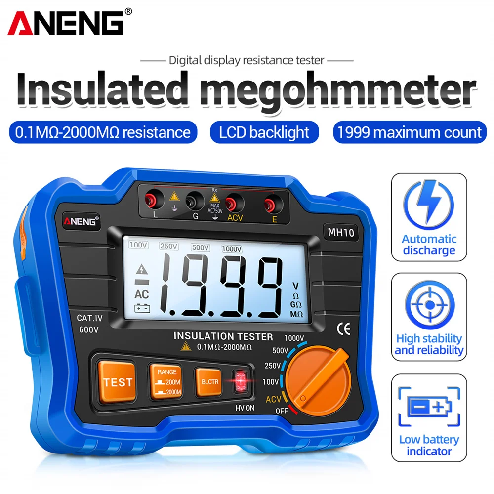 ANENG MH10 Digital Earth Resistance Meter Megohmmeter Meter 100/250/500/1000V Insulation Tester cable Voltmeter Megger Meter
ANENG MH10 Digital Earth Resistance Meter Megohmmeter Meter 100/250/500/1000V Insulation Tester cable Voltmeter Megger Meter