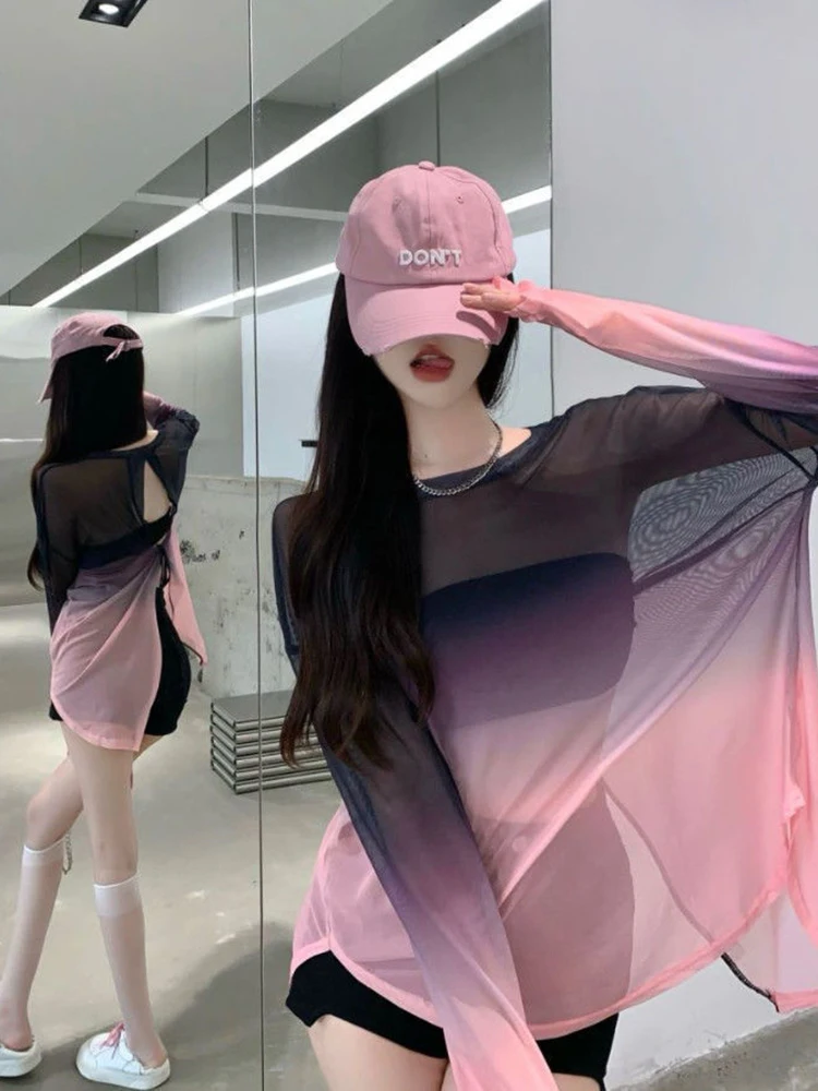 Zoki Mesh Hollow Women Gradient T Shirt Sexy Backless Ice Silk Loose Sun Proof Tops Fashion Gothic Long Sleeve Female Tees New
Zoki Mesh Hollow Women Gradient T Shirt Sexy Backless Ice Silk Loose Sun Proof Tops Fashion Gothic Long Sleeve Female Tees New