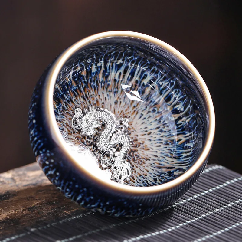 

Tianmu Kiln Variable Glaze Tea Cup Inlaid Silver Jianzhan Teacup Master Cup Tea Bowl Ceramic Tea Cup Chinese Kung Fu Tea Set