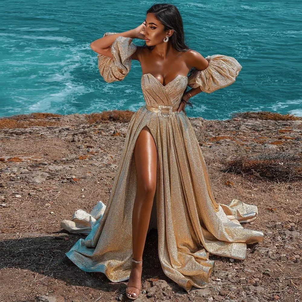 Glitter Prom Dress Puff Sleeves Champagne Side Slit Sexy Women's Prom Gown Sparkly A Line Belt V Neck Formal Party Dress Long
Glitter Prom Dress Puff Sleeves Champagne Side Slit Sexy Women's Prom Gown Sparkly A Line Belt V Neck Formal Party Dress Long