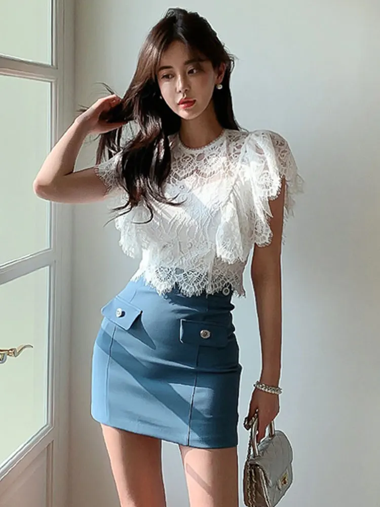 Summer Sexy 2 Pieces Outfits Elegant Women White Lace Sheer Short Cropped Tops Shirt Blouse High Waist Mini Skirt Mujer Slim Set
Summer Sexy 2 Pieces Outfits Elegant Women White Lace Sheer Short Cropped Tops Shirt Blouse High Waist Mini Skirt Mujer Slim Set