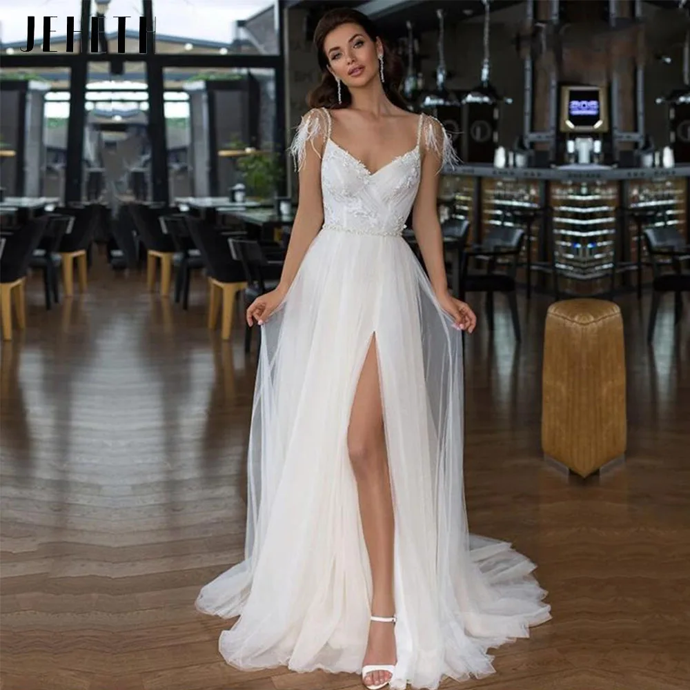 

2022 Sexy Wedding Dresses With Slit V Neck Bridal Gowns Sleeveless Backless Robe Soirée Mariage Tulle Vestidos De Noiva