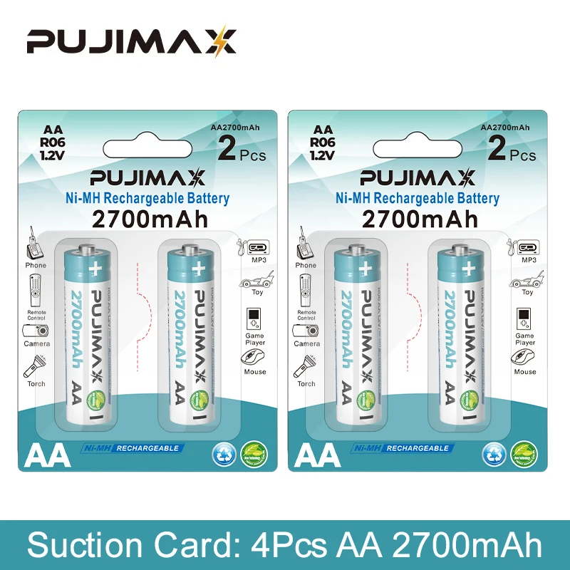 PUJIMAX 4Pcs AA NiMH Rechargeable Battery 1.2V 2700mAh Large Capacity Battery Safe Durable For Calculator Doorbell Alarm Clock 
PUJIMAX 4Pcs AA NiMH Rechargeable Battery 1.2V 2700mAh Large Capacity Battery Safe Durable For Calculator Doorbell Alarm Clock