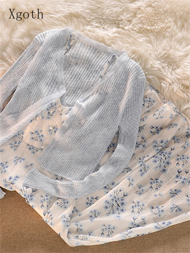 Xgoth Flora Print Dress Set Women Thin Sun Protection Sweater Cardigan + V-neck Robe Sweet Sling Gentle Tea Break Dresses Suit
Xgoth Flora Print Dress Set Women Thin Sun Protection Sweater Cardigan + V-neck Robe Sweet Sling Gentle Tea Break Dresses Suit