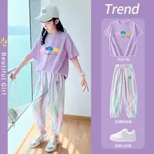 Summer Girls Loungewear Suits Junior Kids Short Sleeve +Pants 2Pcs Set Korean Style Children Sports Set Teen Color Tracksuits