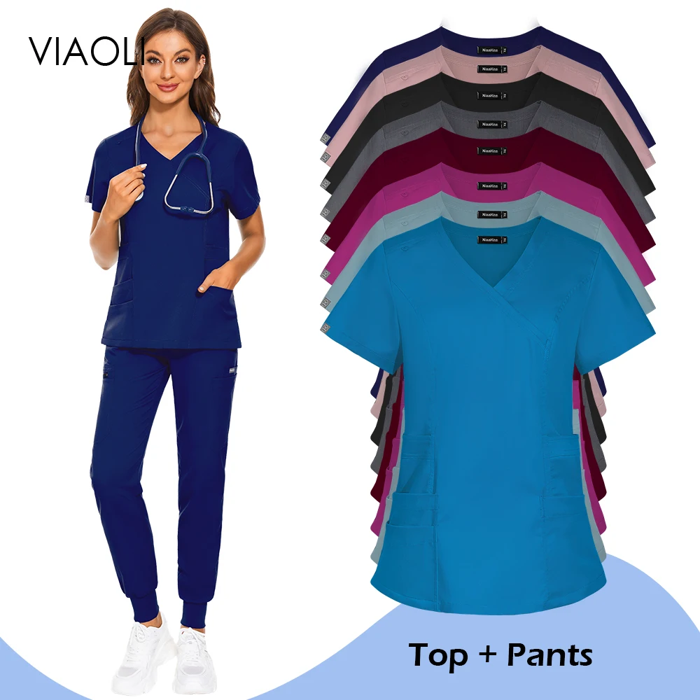 

Nurse Uniform Medical Women Scrub Set Surgical Operating Room Doctors Short Sleeved Elastic WorkWear Nurses Accessories Hospital