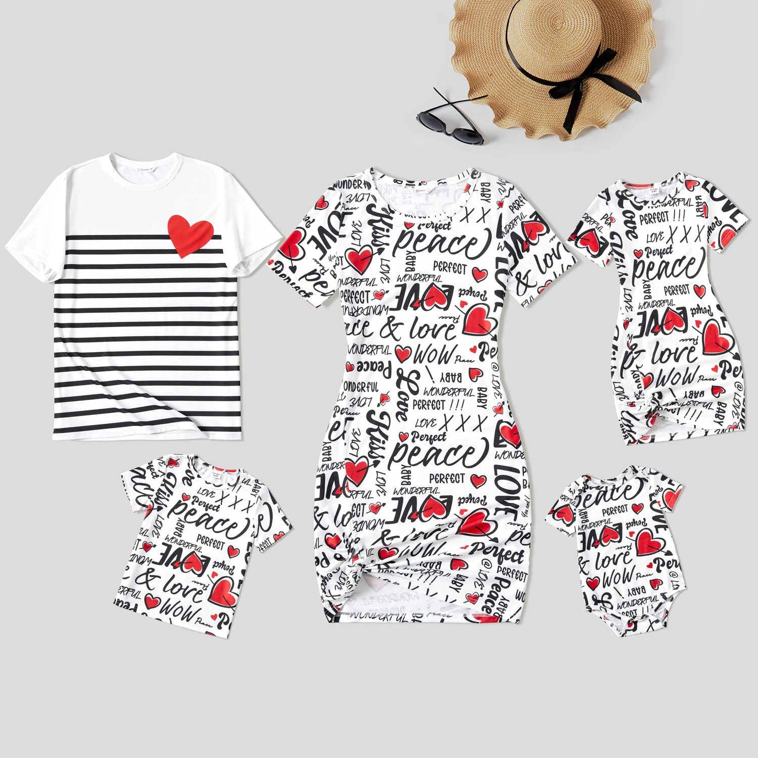 

PatPat Family Matching Outfits Allover Heart & Letter Print Twist Knot Bodycon Dresses and Short-sleeve Striped T-shirts Sets