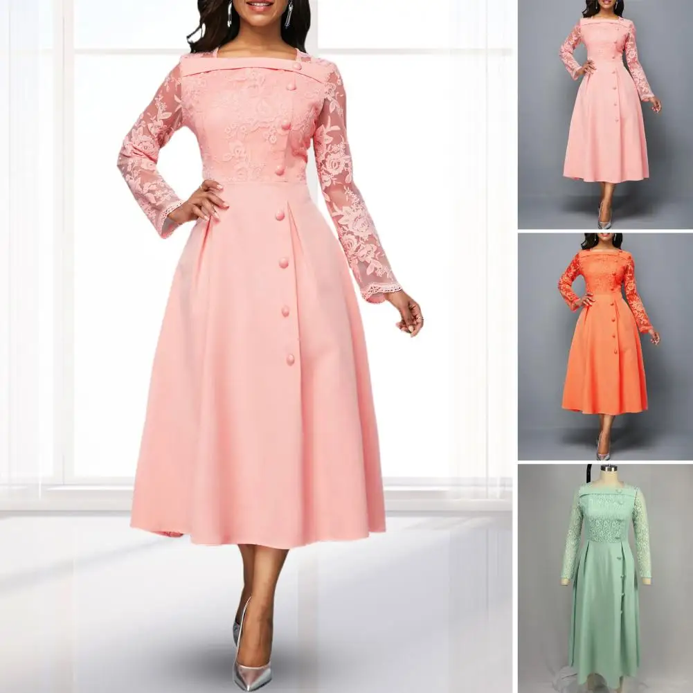 Autumn Dress Long Sleeves Button Square Collar Lace Patchwork Elegant Midi Dress for Wedding Party Wear High Waist Robe Femme
Autumn Dress Long Sleeves Button Square Collar Lace Patchwork Elegant Midi Dress for Wedding Party Wear High Waist Robe Femme