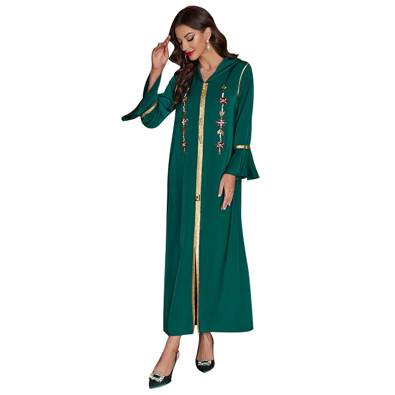 

Jalabiya Muslim Dress Women With Diamond Flare Sleeve Robes Autumn New Hooded Elegant Abaya Islam Ramadan Muslim Long Maxi Dress