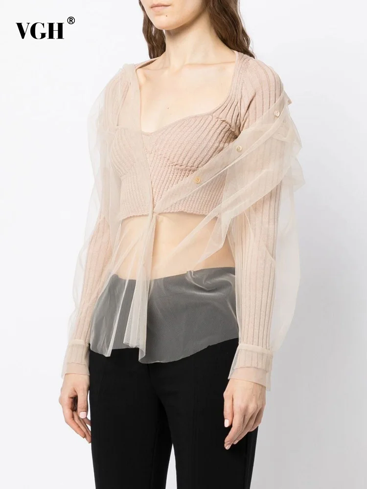 VGH Patchwork Sheer Mesh Pullover Female V Neck Long Sleeve Minimalist Slim Knitting Sweater Women Clothing Fashion Chic Autumn
VGH Patchwork Sheer Mesh Pullover Female V Neck Long Sleeve Minimalist Slim Knitting Sweater Women Clothing Fashion Chic Autumn