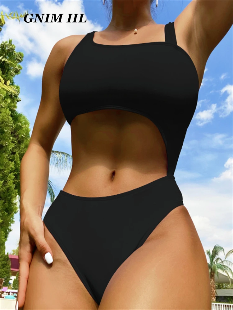 

Сексуальный однотонный Цельный купальник GNIM с вырезами, женский купальник-бандо с высоким вырезом, женская летняя пляжная одежда, новый купальный костюм 2023