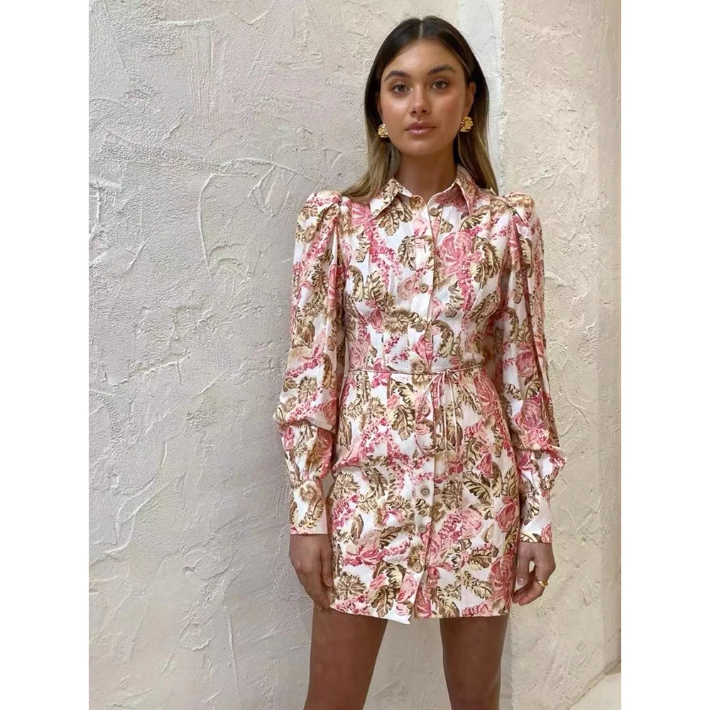 Women print Linen Mini Dress Lapel Lantern Sleeve Waist Bandage Temperament lady Shirt Dress 2022 Spring New
Women print Linen Mini Dress Lapel Lantern Sleeve Waist Bandage Temperament lady Shirt Dress 2022 Spring New