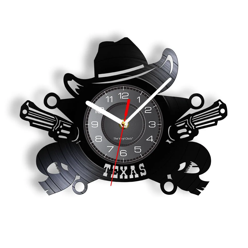

Texas Cowboy Wall Clock Western USA Skyline Symbol Vinyl Record Wall Clock Wild West Vintage Rodeo Revolvers Western Wall Decor
