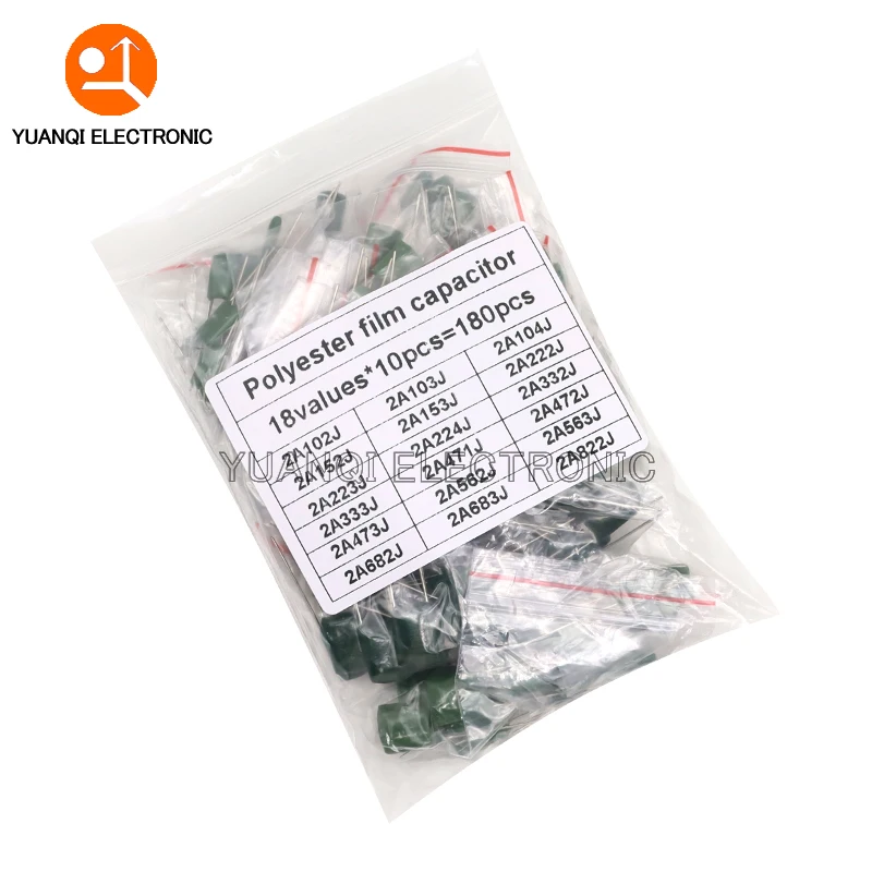 180pcs=18value*10pcs Polyester film capacitor Assorted Kit contains 2A104J 2A332J 2A472J 2A103J 2A333J 2A473J 2A563J 2A223J 
180pcs=18value*10pcs Polyester film capacitor Assorted Kit contains 2A104J 2A332J 2A472J 2A103J 2A333J 2A473J 2A563J 2A223J