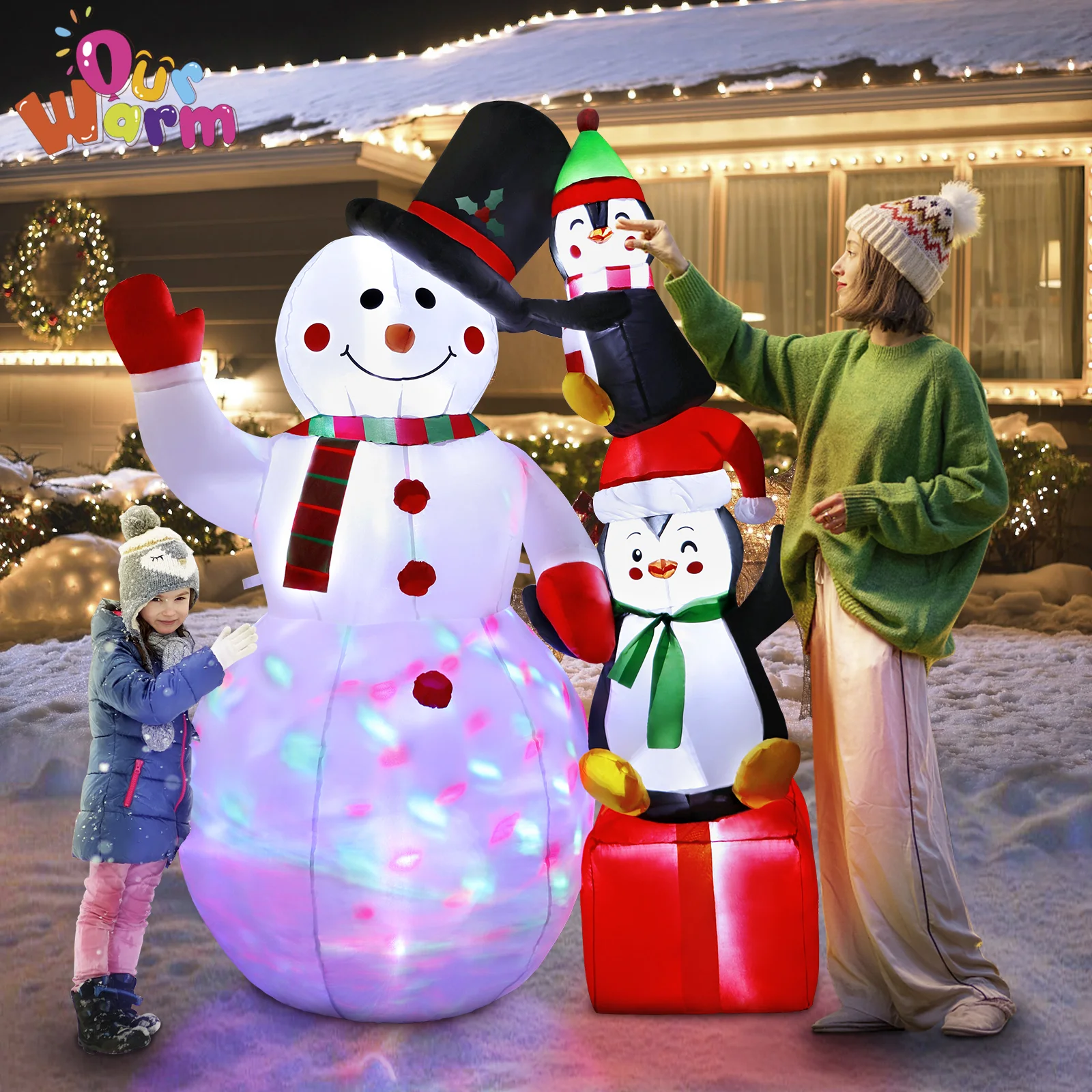 

OurWarm 6FT Christmas Inflatable Snowman and Penguin Outdoor Decorations with Build-in LEDs For Court Lawn Garden Party Ornament