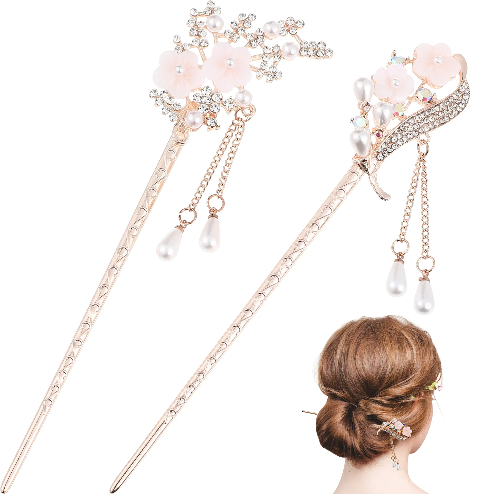 

2 Pcs Pearl Tassel Hairpin Vintage Sticks Women Bride Headpieces Wedding Bun Weddings Alloy Long Miss Rhinestones