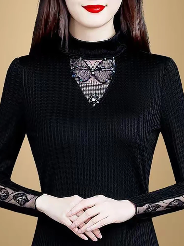 EVNISI Bottoming Vintage Velvet Blouse Women Boho Long-sleeved Autumn Winter Black Tops Half High Collar Lace Slim Blouses
EVNISI Bottoming Vintage Velvet Blouse Women Boho Long-sleeved Autumn Winter Black Tops Half High Collar Lace Slim Blouses