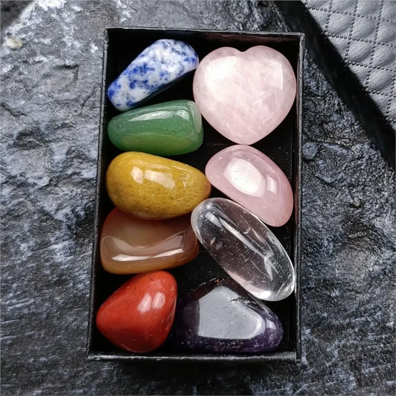 

Reiki Healing 7 Chakra Yoga Energy crystal Stone Set with Gift Box Natural Polished Love Heart gemstone Meditation Ornament