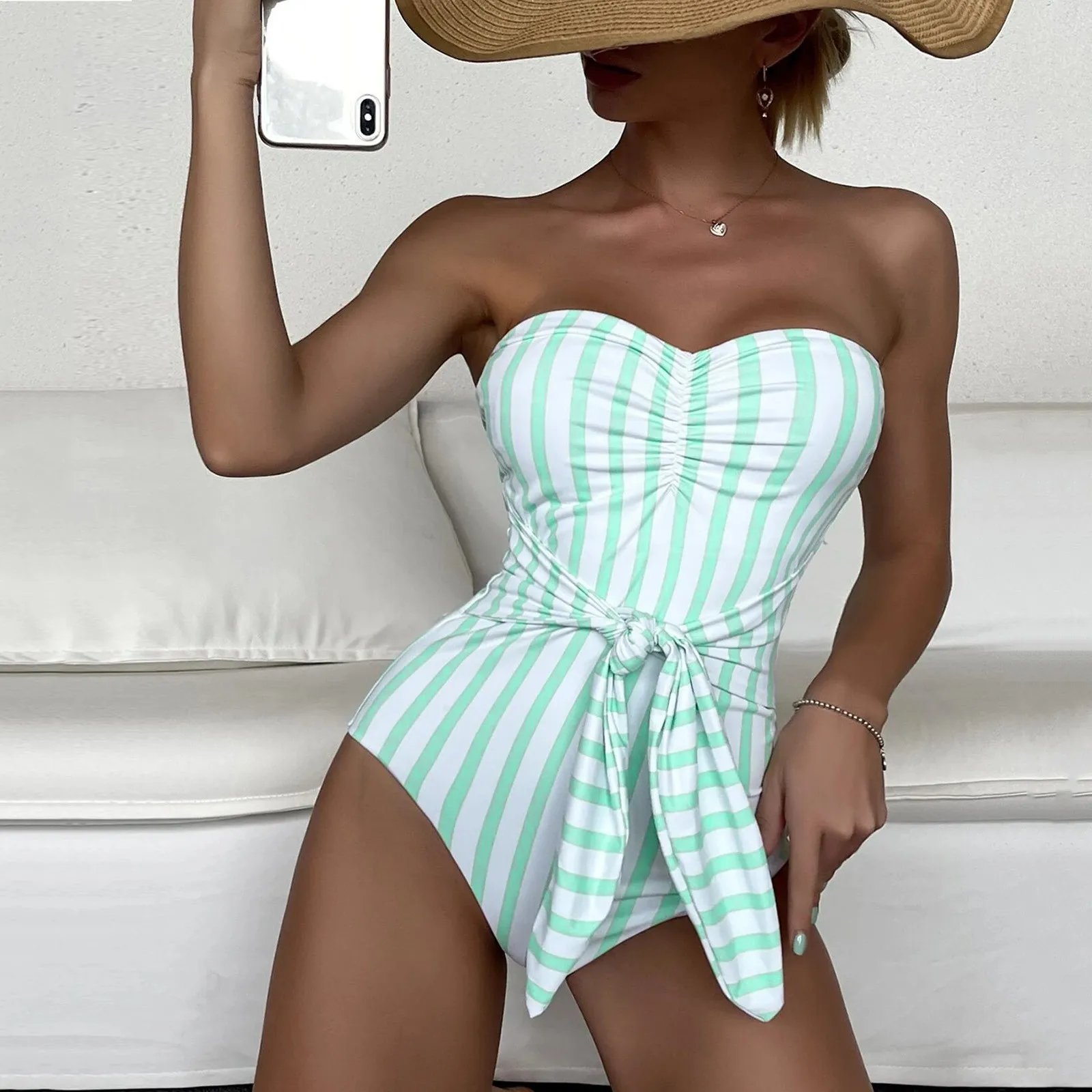

Summer Ladies One piece Swimsuit Women Vertical Stripe Sexy Tube Top Strapless Tie Up Sleeveless Backless Ruched Swimwear Bather