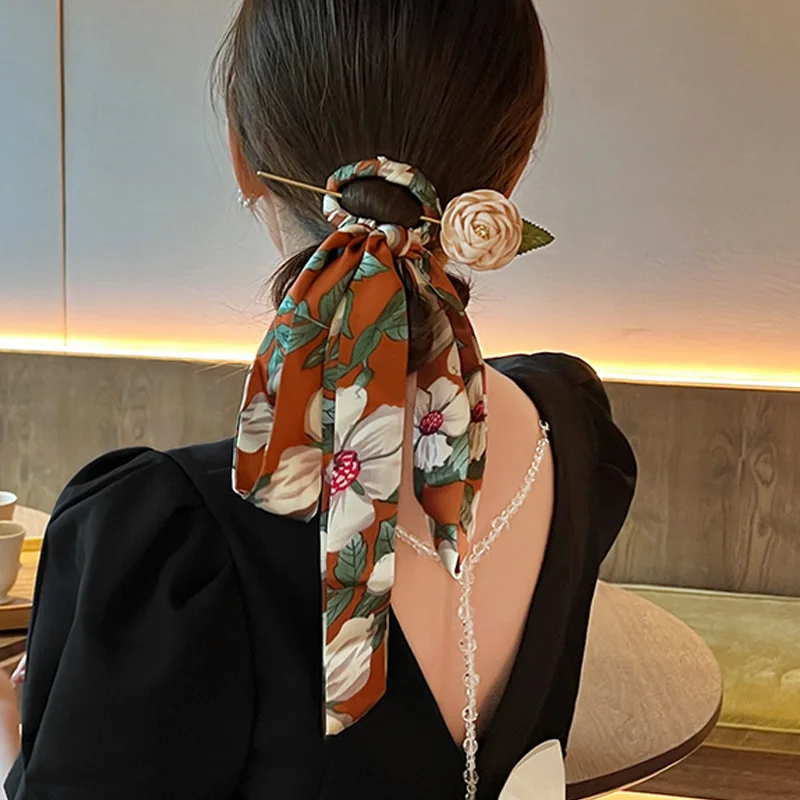 

Printed fabric silk scarf hairpin antique bow headdress Internet celebrity new hairband plate hair Chinese style women's hairpin