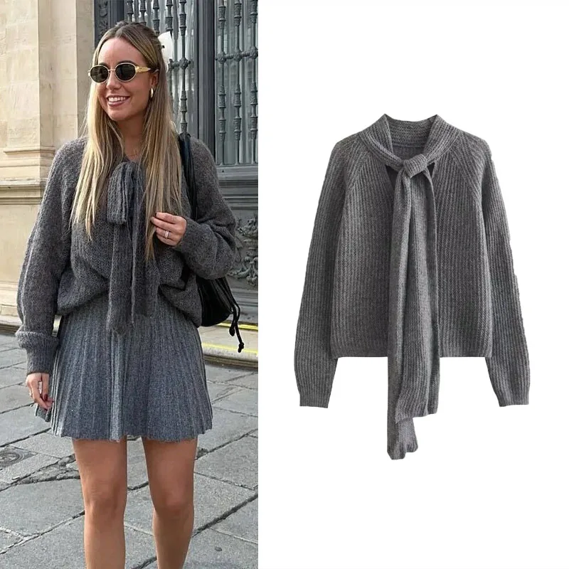 TRAF Solid Bow Sweater Women Vintage Tied Collar Long Sleeve Knit Pullover Female Fashion Gray Slim Knitted Top Casual Sweater
TRAF Solid Bow Sweater Women Vintage Tied Collar Long Sleeve Knit Pullover Female Fashion Gray Slim Knitted Top Casual Sweater