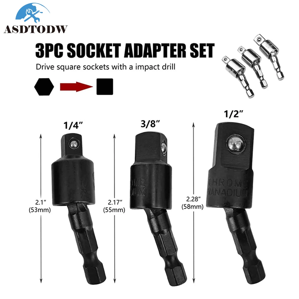 3PCS Wobble Socket Adapters 360 Degree Universal Joint Swivel Socket Set, 1/4 Inch Hex Shank To 1/4 3/8 1/2 Square Socket Drives
3PCS Wobble Socket Adapters 360 Degree Universal Joint Swivel Socket Set, 1/4 Inch Hex Shank To 1/4 3/8 1/2 Square Socket Drives