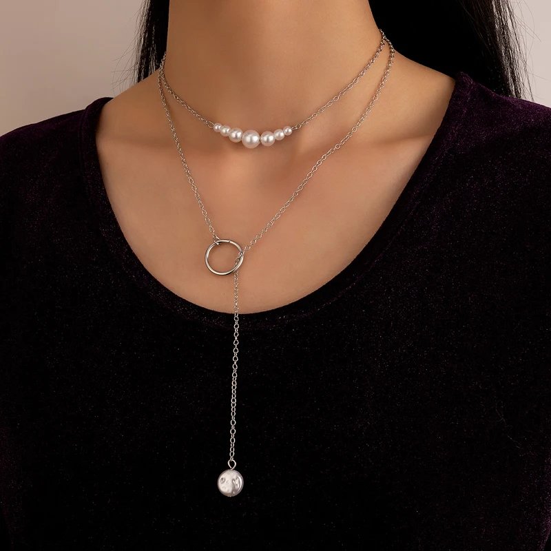 

Элегантное жемчужное каменное длинное ожерелье humenin для женщин полый геометрический сплав металлическая многослойная цепочка для свитера ...