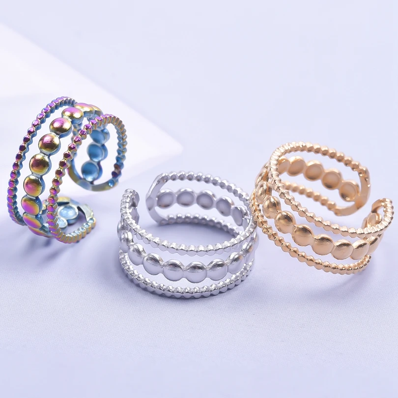 

1/3pcs 8# Openwork Three Layers Silver Tone Open Adjustable Ring Polka Dot Pattern Rainbow Gold Color Women Fashion Accessories