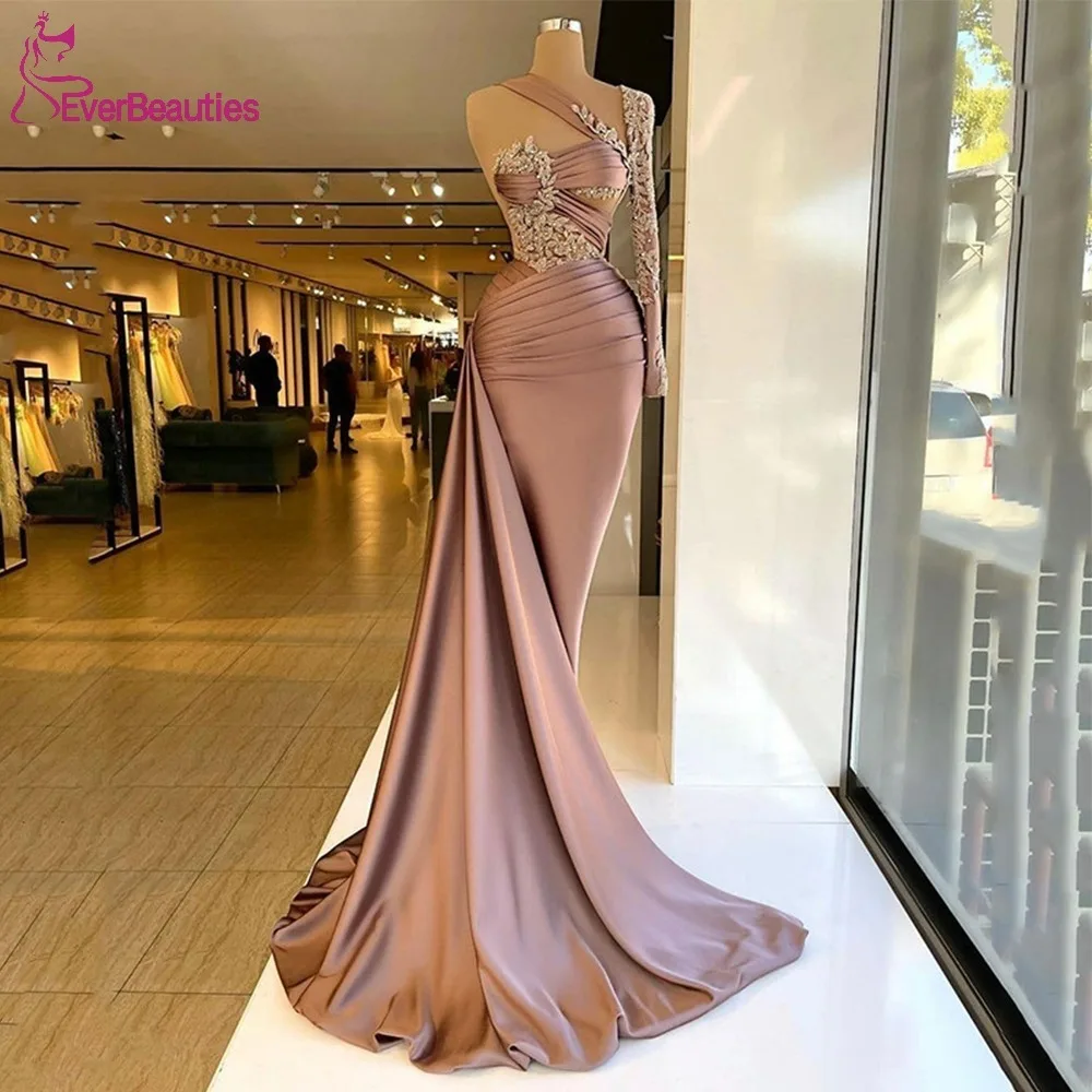 Mermaid Prom Dresses Dubai Formal Party Dress Lace One Shoulder Long Sleeves Saudi Arabia Luxury Satin Evening Gowns with Train
Mermaid Prom Dresses Dubai Formal Party Dress Lace One Shoulder Long Sleeves Saudi Arabia Luxury Satin Evening Gowns with Train
