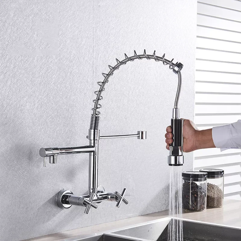 

Kitchen Faucet Torneira Cozinha Double Handle Mounted On Spring Faucet With 2 Nozzles Chrome Finish New Grifo Cocina