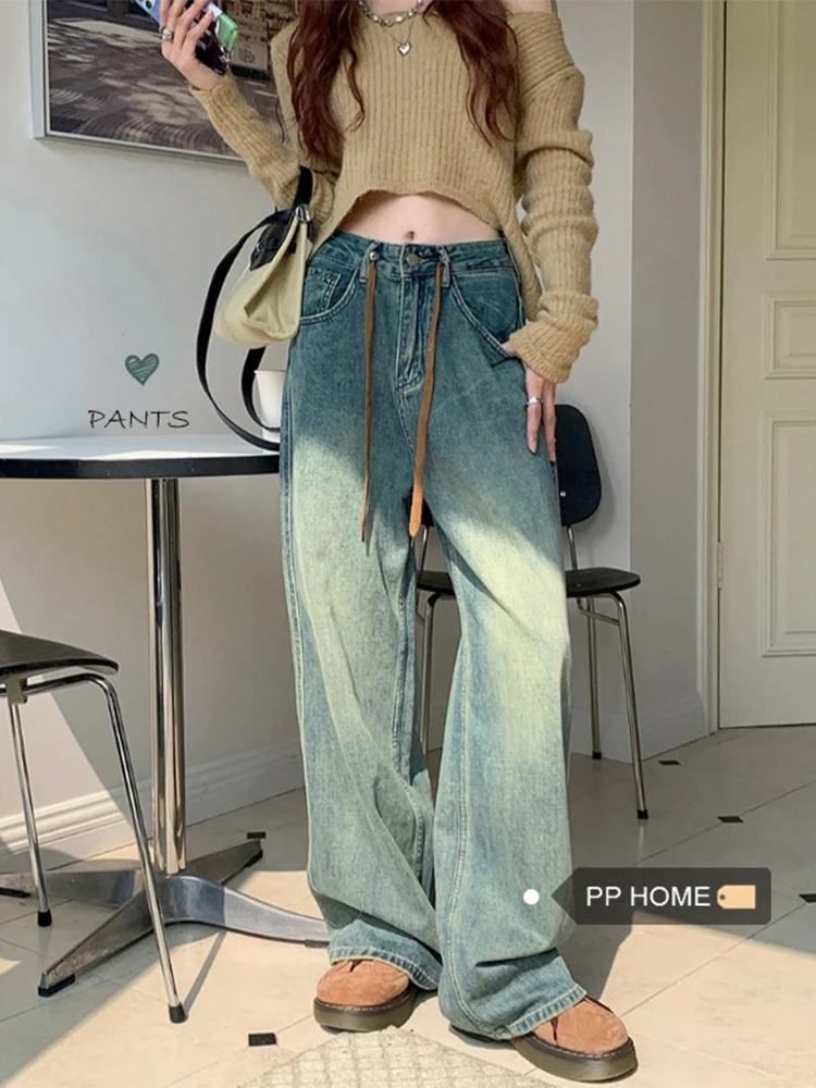 Drawstring Tie Up High Waist Retro Wash Gradient Women Denim Pants Loose Wide Leg Straight 2022 New Jean Trousers Autumn Winter
Drawstring Tie Up High Waist Retro Wash Gradient Women Denim Pants Loose Wide Leg Straight 2022 New Jean Trousers Autumn Winter