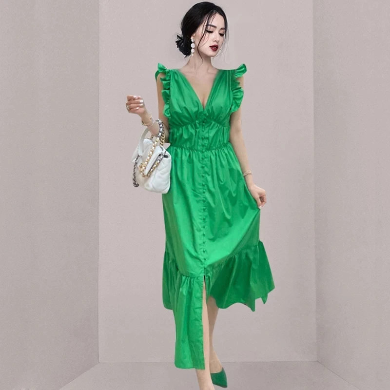 Runway Summer Women's Sexy Single-breasted V-neck backless Chic Tank Long Dress Green Ruffled Casual Beach Party Dresses Vestido
Runway Summer Women's Sexy Single-breasted V-neck backless Chic Tank Long Dress Green Ruffled Casual Beach Party Dresses Vestido